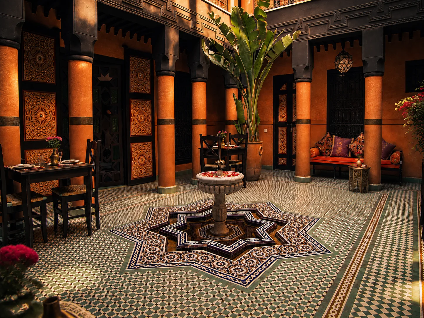 The courtyard of Riad Sultan Suleiman at dusk