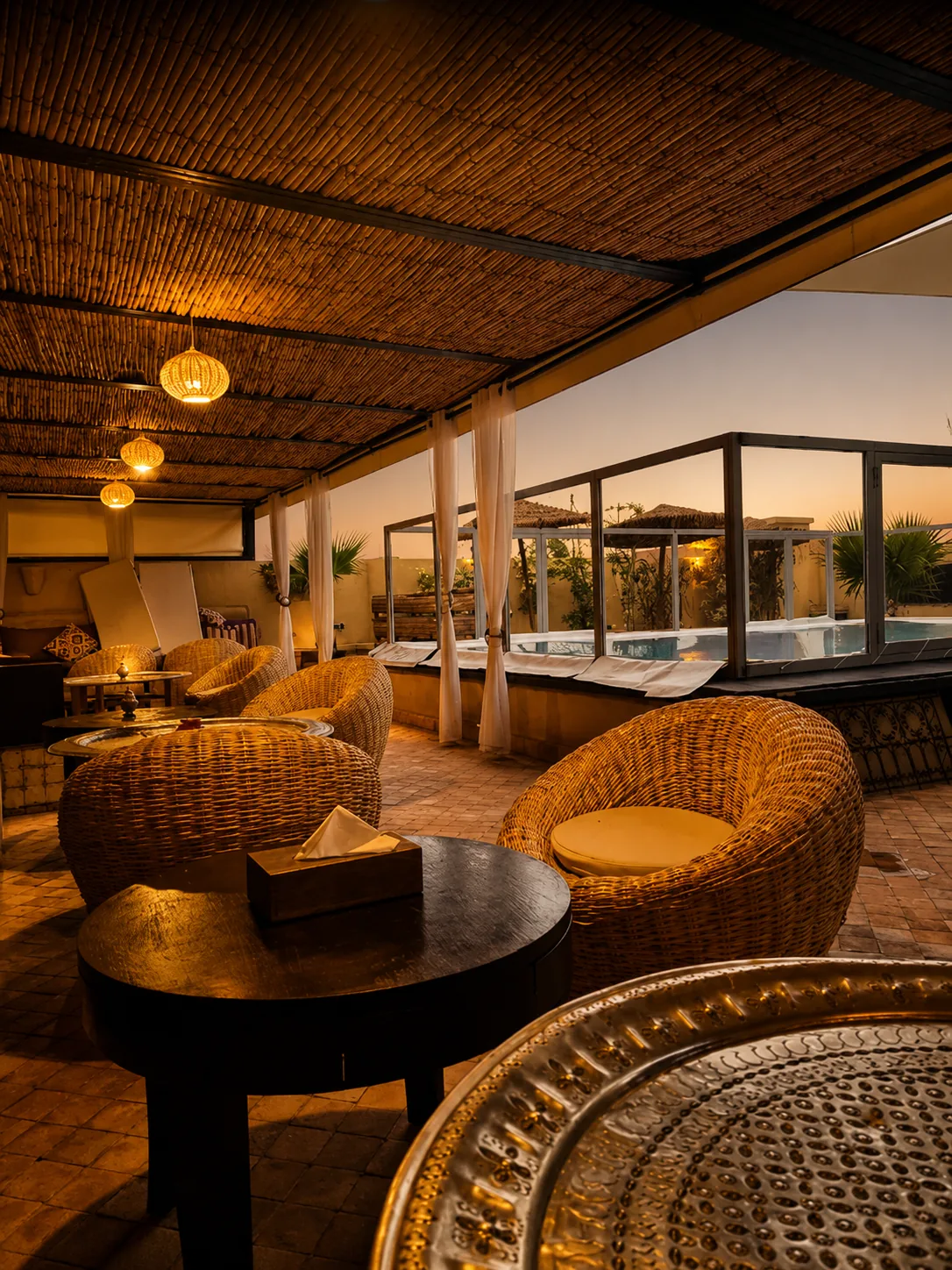 The rooftop terrace at dusk