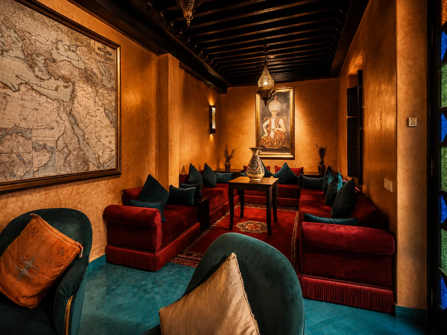 The salon — banquettes and a carved ceiling